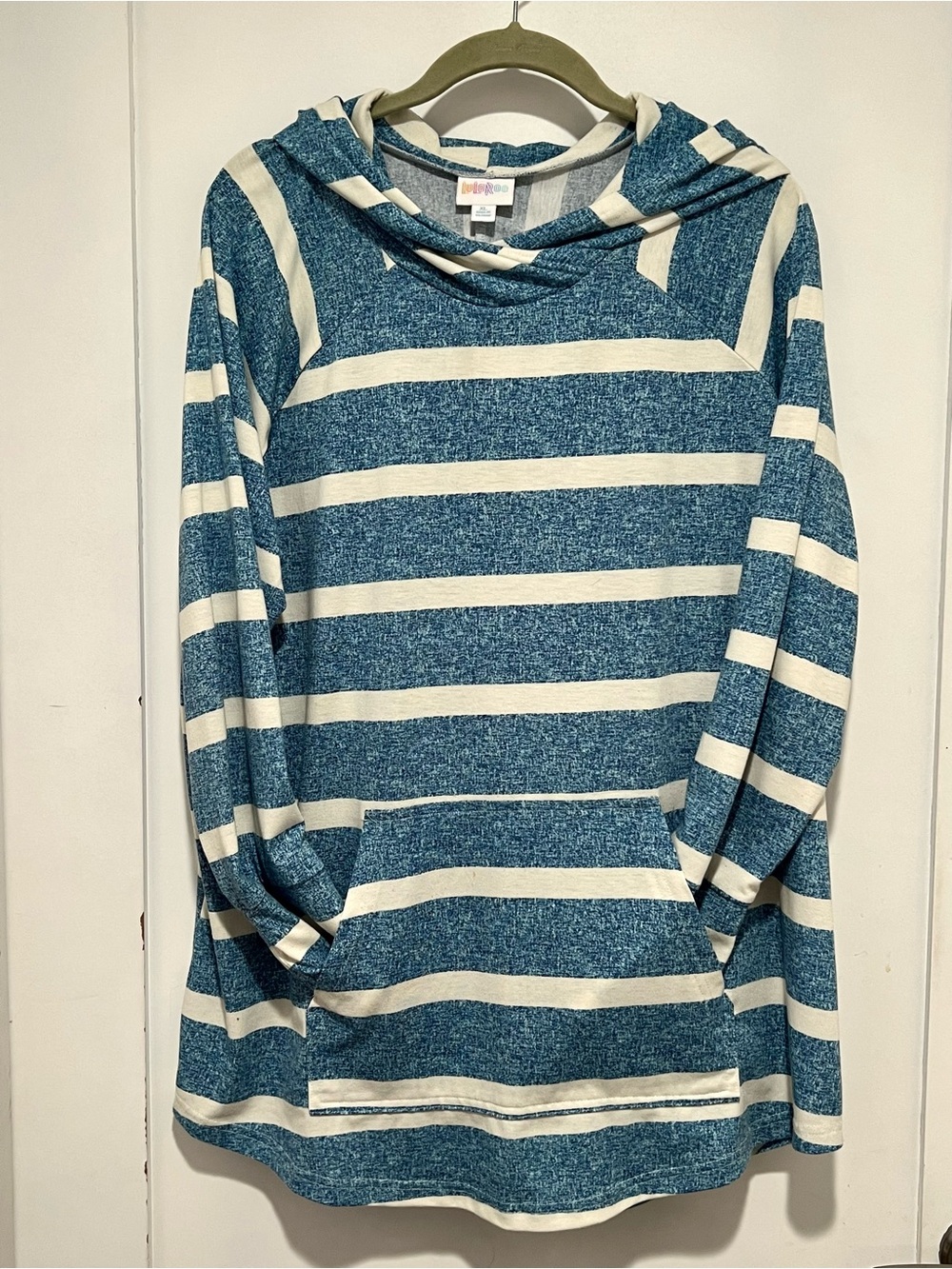 🎈3/$45 LuLaRoe Amber XL Blue & White Striped Pullover Hoodie | Kangaroo Pocket